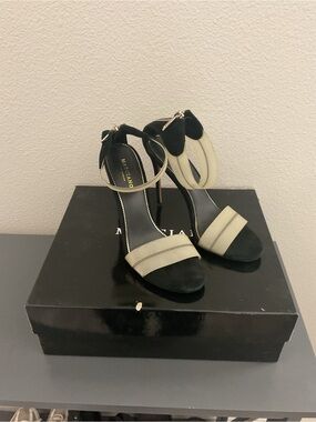 Marciano Black and Cream Ankle-Strap Stiletto Sandals